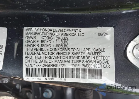 2024 Honda Civic Lx from USA, damaged, VIN 19XFL2H58RE036729